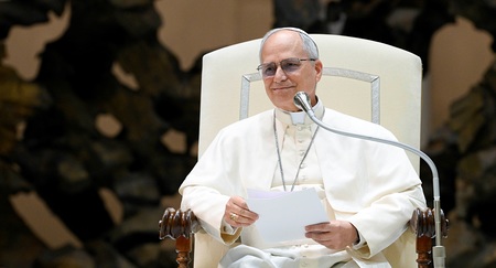 Papst Leo XIV. spricht bei einem Treffen mit Vertretern der Medien am 12. Mai 2025 in der Audienzhalle im Vatikan.