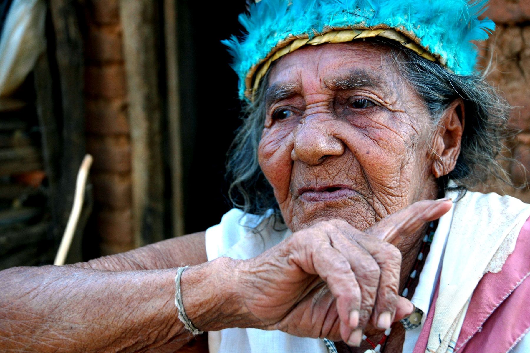 Profil einer indigenen Frau mit türkisem Kopfschmuck