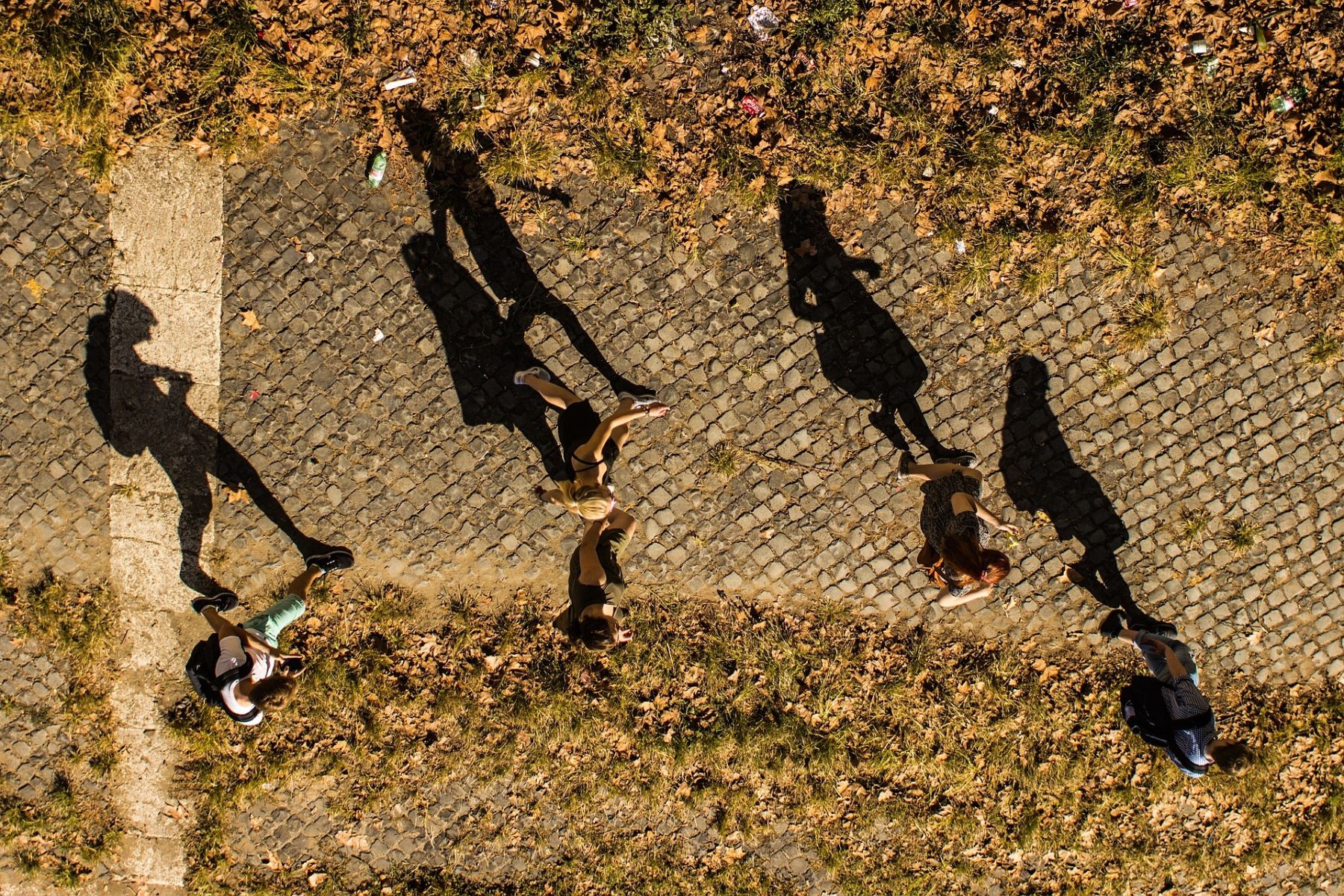Foto von oben zeigt langen Schatten von mehren Personen auf trockenem Boden